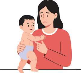 Obraz premium Mother holding baby with rash on skin worried about childs health and care vector illustration 