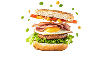 Levitating breakfast sandwich with egg, ham, lettuce, and whole wheat bun components separated isolated on white background 