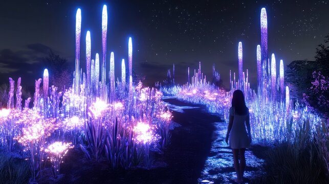 A woman walks a path of glowing crystals at night