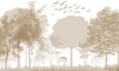 Aged Wildlife Wall Mural: Faded Sepia Deer, Birds, Trees & Forest Background © csinie1