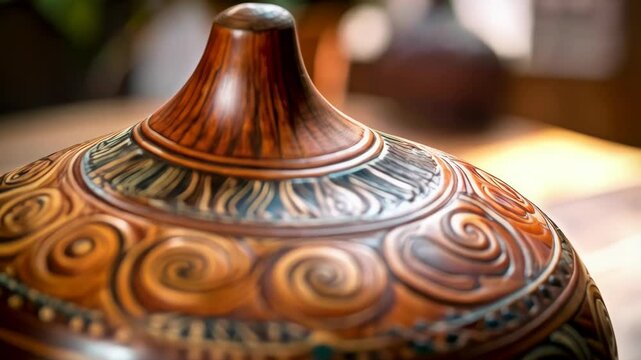 Close-up shot of a handcrafted pottery jar with intricate swirled pattern and designs, showcasing traditional artisanal craftsmanship and techniques.