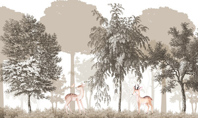 Aged Wildlife Wall Mural: Faded Sepia Deer, Trees & Abstract Forest Background © csinie1