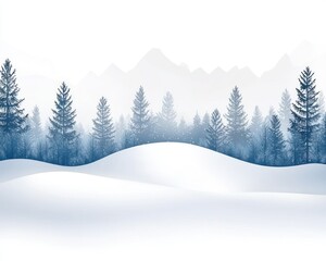 Serene winter landscape featuring snow-covered hills gently rolling in the foreground, a dense forest of evergreens in the middle ground, and a hazy mountain range in the background