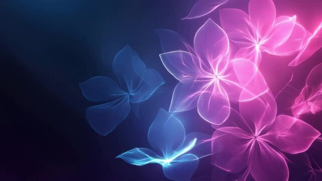 Futuristic abstract floral video background with glowing neon flower outlines in pink and blue over a deep navy backdrop.