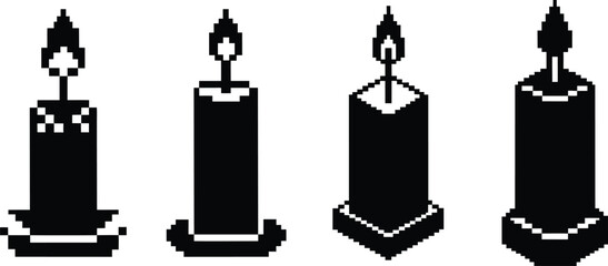 Pixel-style candle vector set - 4 flickering light silhouettes, EPS JPEG PNG