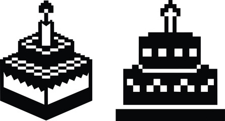 Pixel-style birthday cake vector set - 2 celebratory silhouettes, EPS JPEG PNG