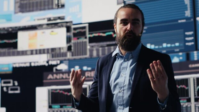 Visionary business CEO speaking at international convention for finance, hosting live event conference. Public speaker shares professional knowledge and insight with participants. Camera A.