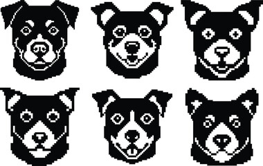 Pixel-style dog faces - 6 canine vector silhouettes, EPS JPEG PNG