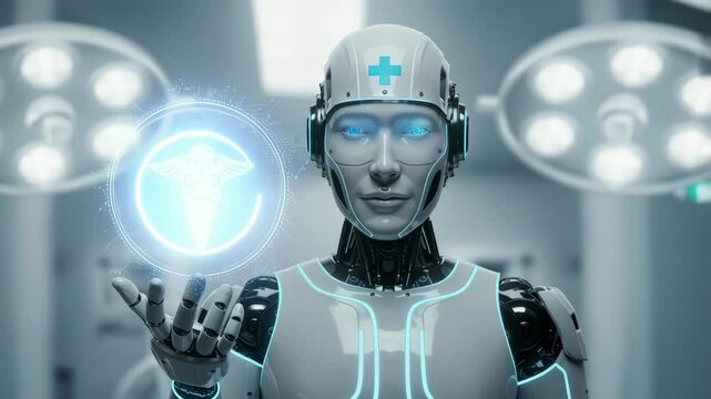 Portrait of AI robot nurse holding holographic symbol of Rod of Asclepius