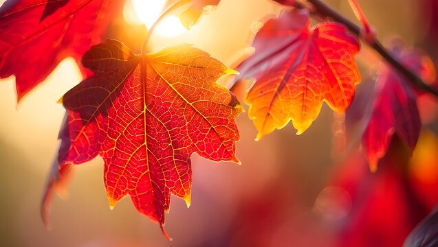 Autumn's Embrace Sunlit Red Maple Leaves in Golden Hour