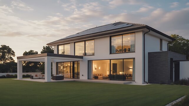 Exterior view of a modern house with large windows and a green lawn at dusk with a covered patio area - Powered by Adobe