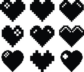 Pixel-style heart vector set - 9 love silhouettes, EPS JPEG PNG