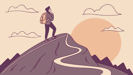 Person Hiking on Mountain Peak at Sunrise