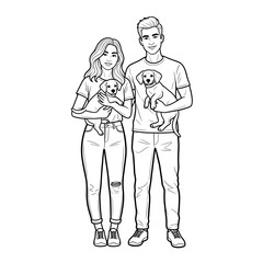 Fototapeta premium Couple holding puppies, joyful and affectionate mood, black and white, for pet companionship and family representation