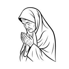 Elderly woman praying, serene and respectful mood, black and white, for spirituality and reflection
