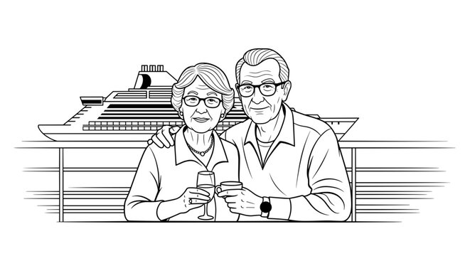 Elderly couple toasting on a cruise ship, joyful and affectionate mood, black and white, for travel and companionship