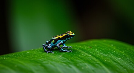 Vibrant Blue, Yellow, and Black Poison Dart Frog on a Leaf