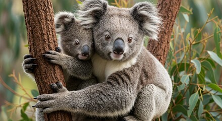 Naklejka premium Adorable Koala Mother and Baby Clinging to Tree Trunk
