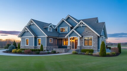 Exterior of a large luxury home with blue siding and stone accents at twilight with green lawn area