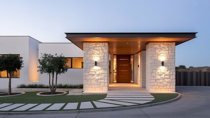 Exterior view of a modern house with stone columns and a wooden door at dusk with landscaped yard