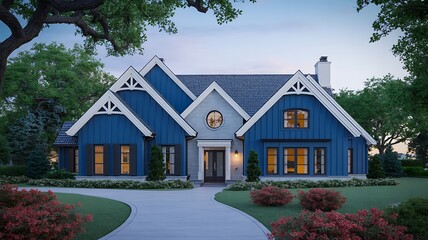 Exterior view of a blue and gray house with a circular window and a driveway surrounded by landscaping