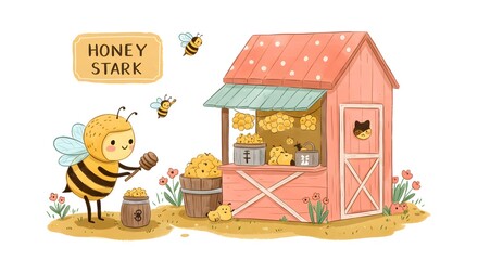 A charming illustration of a bee character holding honey near a "Honey Stark" stand, with other bees flying around a bucket of honey.