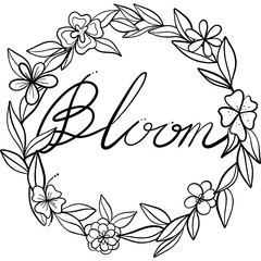 Olive branch floral frame with leaves and vintage flower elements around Bloom
