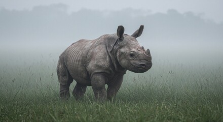 Obraz premium Majestic Indian Rhinoceros in Misty Meadow Wildlife Photography