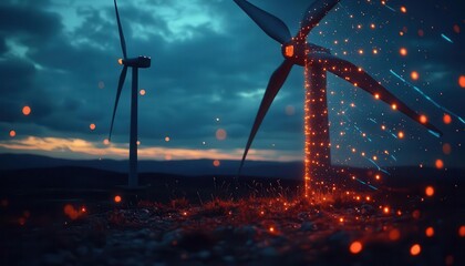 Closeup of a wind turbine with glowing data points, futuristic look, dark sky