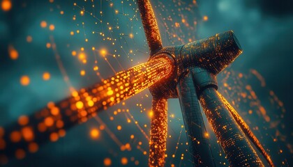 Closeup of a wind turbine with glowing data points, futuristic look, dark sky