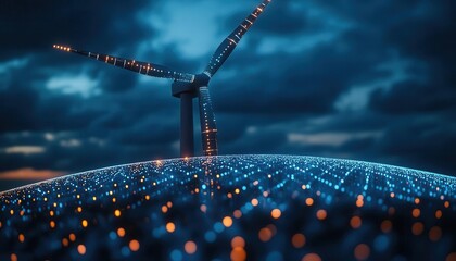 Closeup of a wind turbine with glowing data points, futuristic look, dark sky