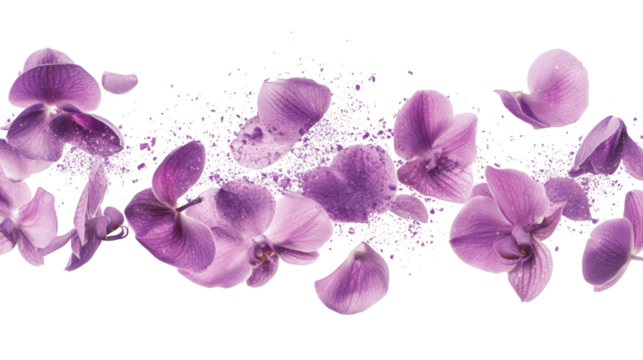 Levitation of glowing violet edible orchids petals sprinkled with stardust isolated on white background 
