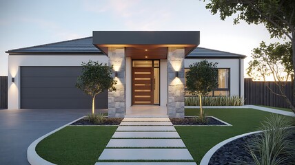 Modern house exterior with stone accents and a pathway leading to the front door at dusk time light