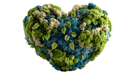 Heartshaped arrangement of broccoli cauliflower leaves and blue floral elements