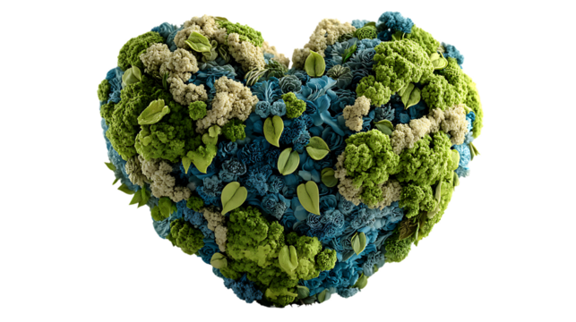 Heartshaped arrangement of broccoli cauliflower leaves and blue floral elements - Powered by Adobe