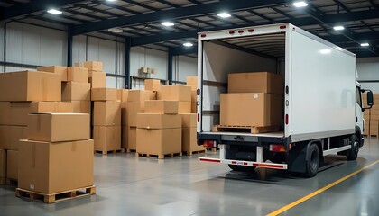 Interior of a logistic warehouse, Many cardboard boxes stacked on wooden pallets in large indoor warehouse. White refrigerated truck parked inside warehouse. Cold chain, created with generative ai