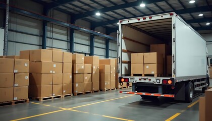 Interior of a logistic warehouse, Many cardboard boxes stacked on wooden pallets in large indoor warehouse. White refrigerated truck parked inside warehouse. Cold chain, created with generative ai