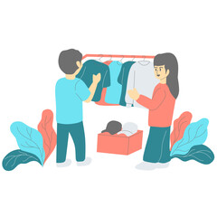 illustration of a man shopping for clothes at a second-hand clothing bazaar