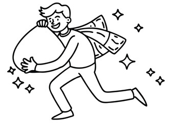 Happy Man Running with Large Bag, Line Art Illustration