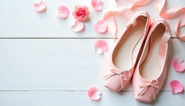 Pastel pink ballet shoes background. New pointe shoes with satin ribbon and rose petals lay on white rustic shubby chic wood, top view with copy space, soft toning, created with generative ai