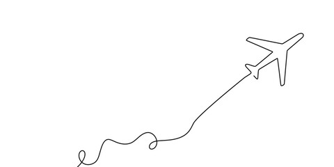 plane travel art continuous one outline line illustration doodle icon vector. trip line plane flight sketch air airplane fly world background airport path single aircraft drawn business road linear