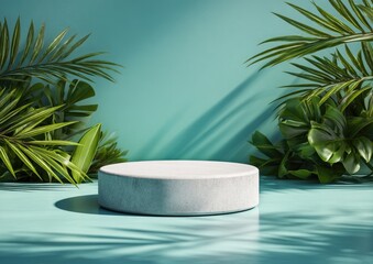 Light gray circular podium, surrounded by tropical plants, teal background