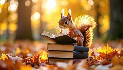 A squirrel sitting on a pile of books in an autumn forest reading a book symbolizing curiosity, learning, and the whimsical charm of nature © Igor_Tichonow