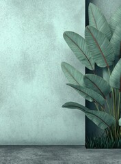 Light teal wall with tropical foliage