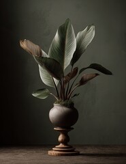 Elegant plant in a muted gray pot on a wooden stand