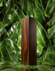 Dark wood block amidst lush green leaves