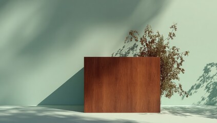 Minimalist wooden cube display with foliage