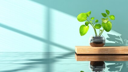 Light-filled room with plant on wooden shelf