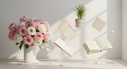 Delicate Bouquet with Floating Books and Potted Plant in Minimal Dreamy White Studio Scene

