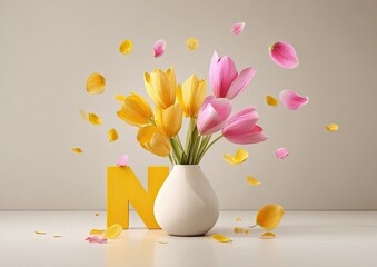 Yellow and pink tulips in a vase, petals falling, beside a yellow letter N